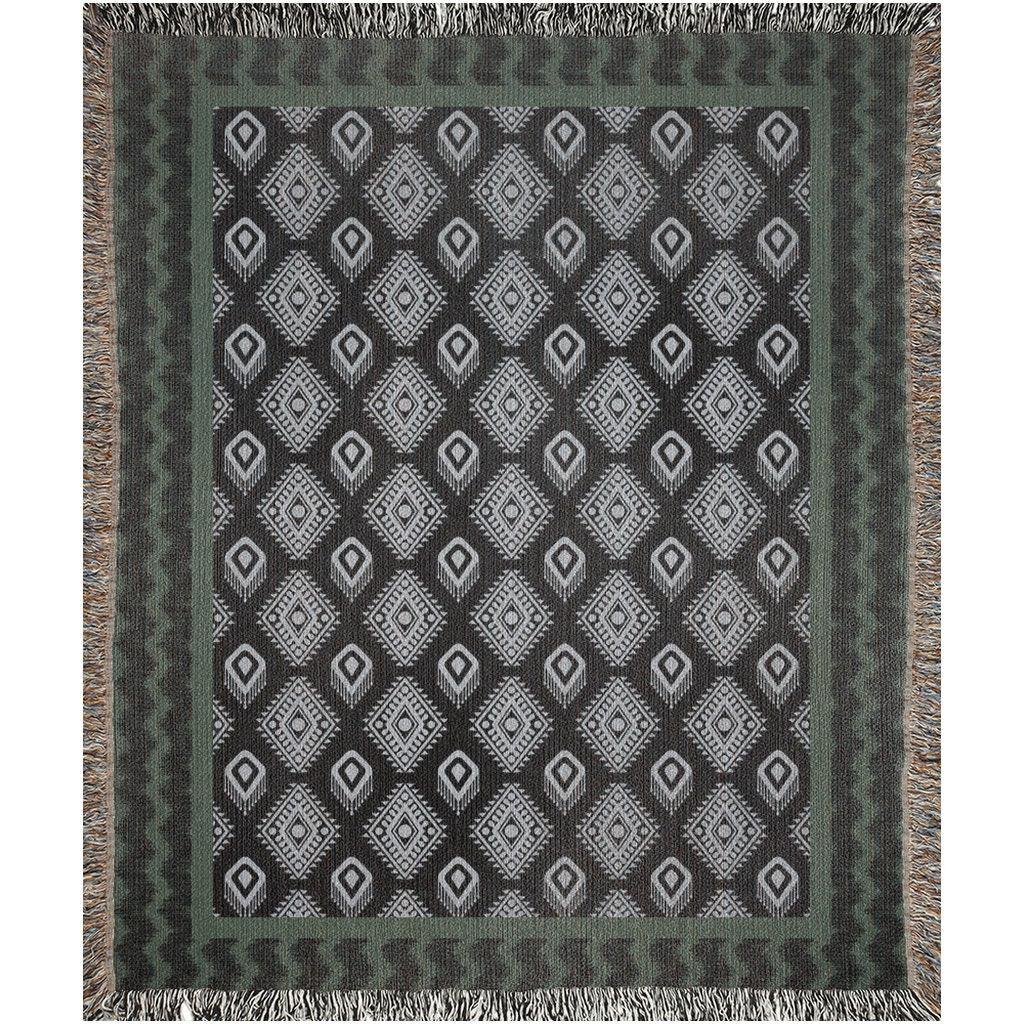 Green Blue Black Ikat Pattern Woven Cotton Throw Blankets