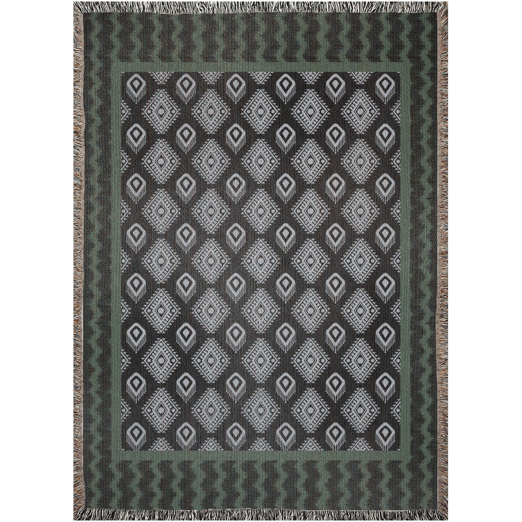 Green Blue Black Ikat Pattern Woven Cotton Throw Blankets