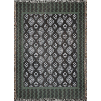 Green Blue Black Ikat Pattern Woven Cotton Throw Blankets