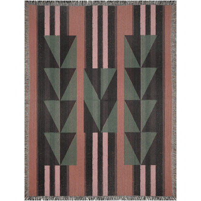 Green And Rust Orange Eclectic Geometric Stripes Woven Cotton Throw Blankets