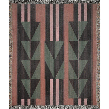 Green And Rust Orange Eclectic Geometric Stripes Woven Cotton Throw Blankets