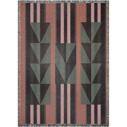 Green And Rust Orange Eclectic Geometric Stripes Woven Cotton Throw Blankets