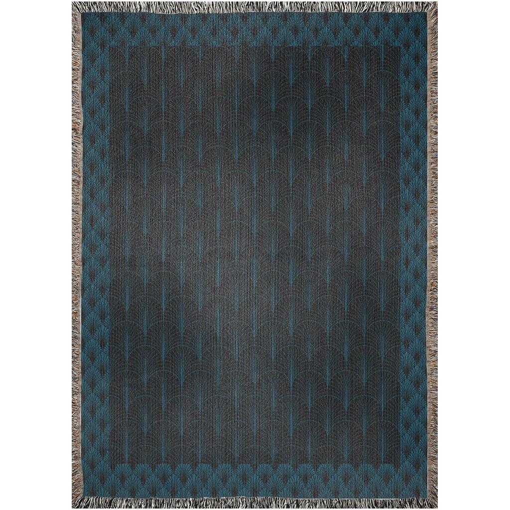 Dark Blue Art Deco Pattern Woven Cotton Throw Blankets