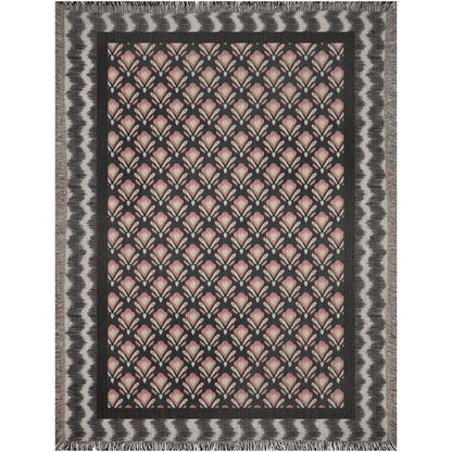 Black And Pink Floral Striped Ikat Pattern Woven Cotton Throw Blankets