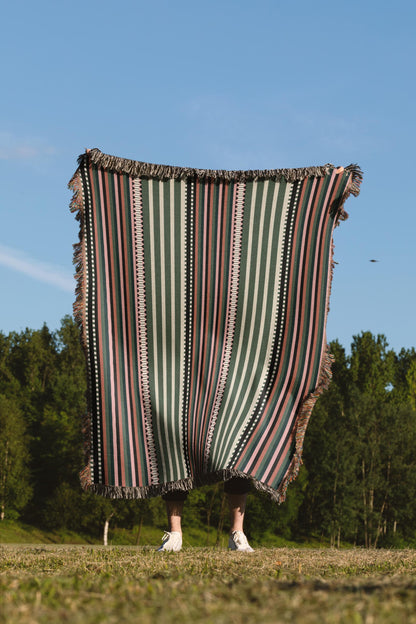 Cool Earth Tones Boho Geometric Stripes Woven Cotton Throw Blankets