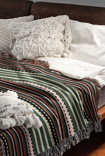 Cool Earth Tones Boho Geometric Stripes Woven Cotton Throw Blankets