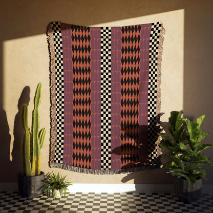 Checker And Diamonds Purple And Orange Boho Woven Cotton Throw Blankets