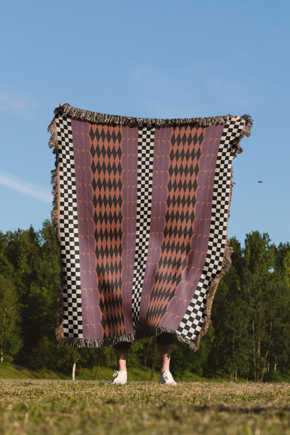 Checker And Diamonds Purple And Orange Boho Woven Cotton Throw Blankets