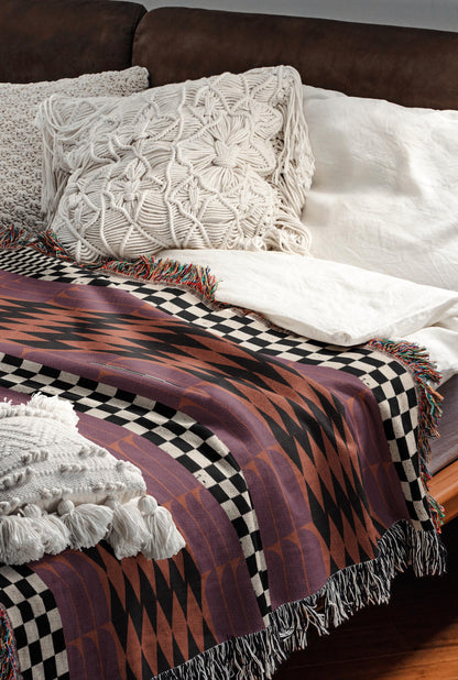 Checker And Diamonds Purple And Orange Boho Woven Cotton Throw Blankets
