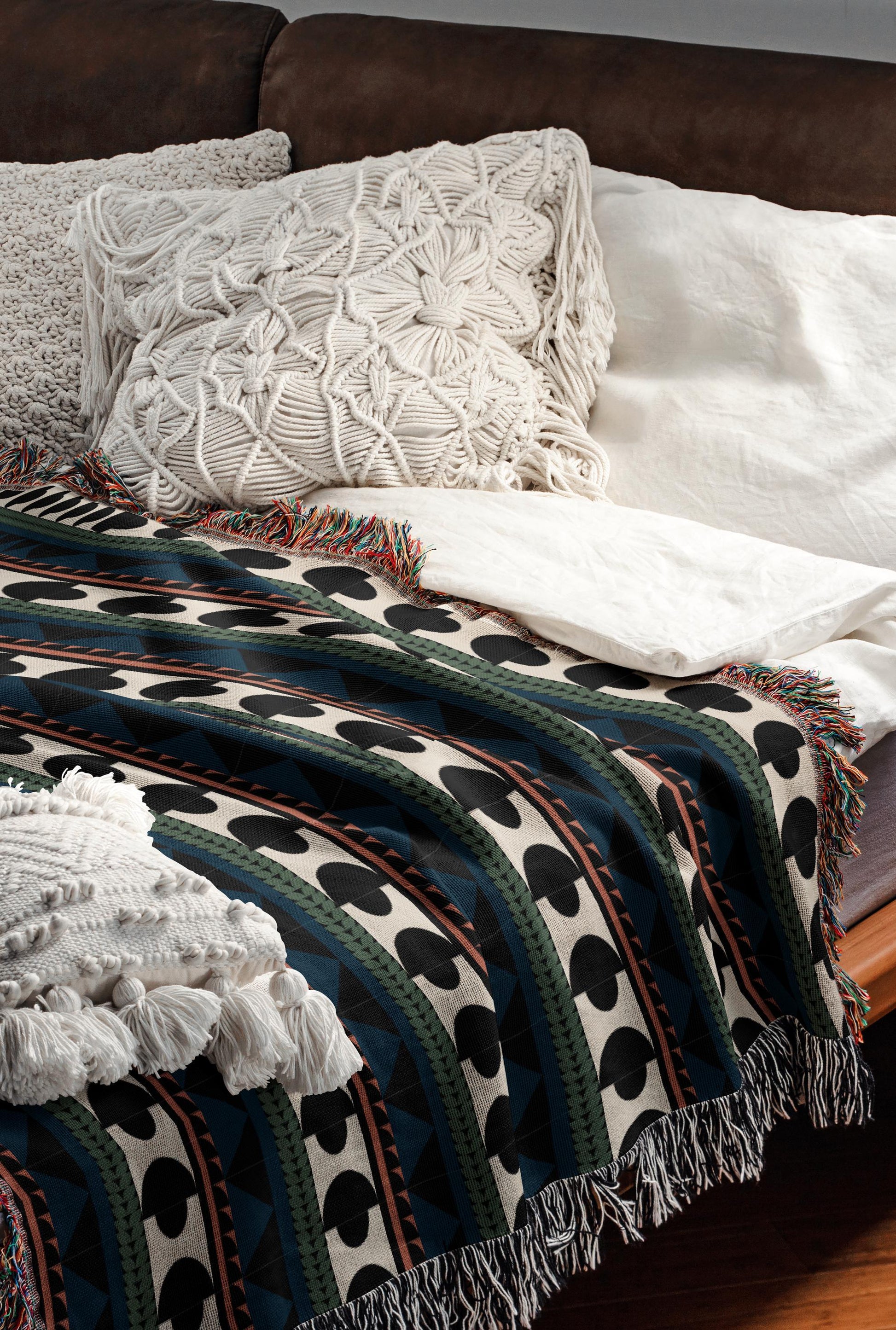 Vibrant Boho Geometric Striped Cotton Throw Blanket in Blue, Green