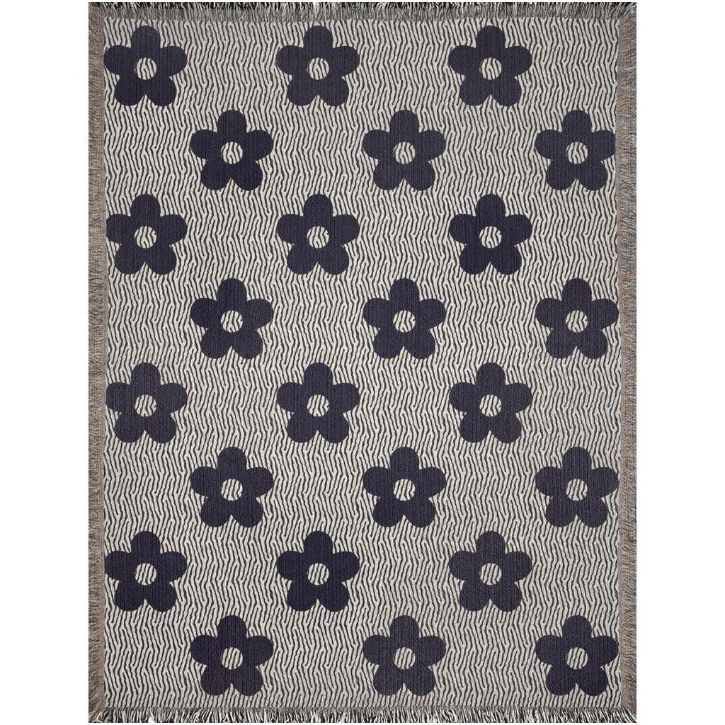 60s Black And White Flower Pattern Woven Cotton Throw Blankets