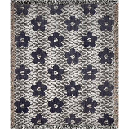 60s Black And White Flower Pattern Woven Cotton Throw Blankets
