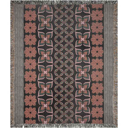 Retro 70s Floral Stripes Orange And Green Woven Cotton Throw Blankets