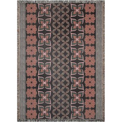 Retro 70s Floral Stripes Orange And Green Woven Cotton Throw Blankets