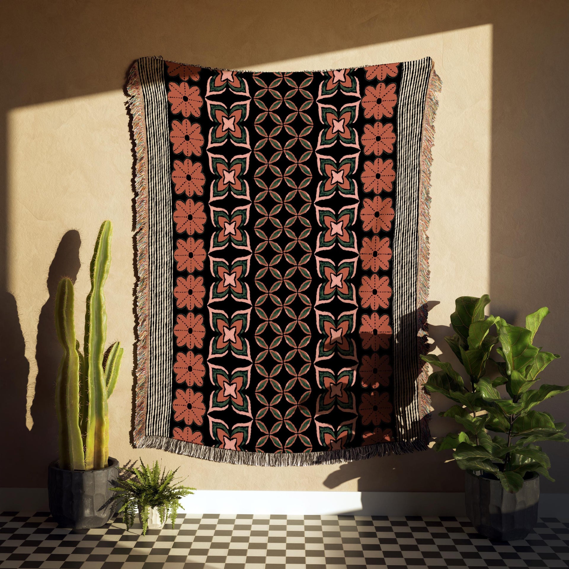 Vintage 70s Orange and Green Floral Striped Woven Cotton Throw Blanket - 50x60 inch