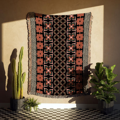 Retro 70s Floral Stripes Orange And Green Woven Cotton Throw Blankets
