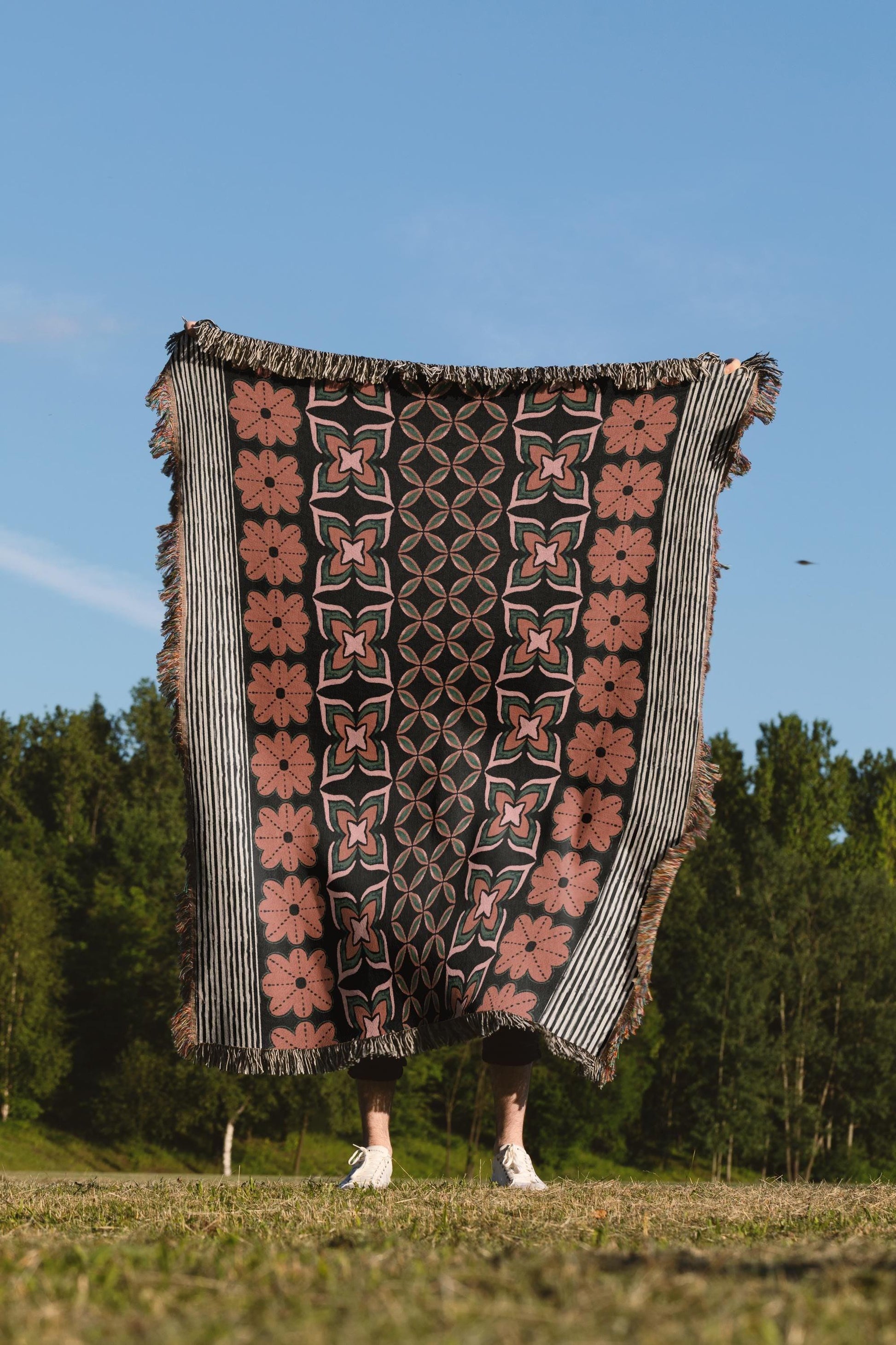 Retro 70s Floral Stripes Orange And Green Woven Cotton Throw Blankets