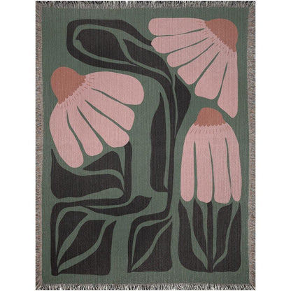 Green And Pink Matisse Flowers Woven Cotton Throw Blankets