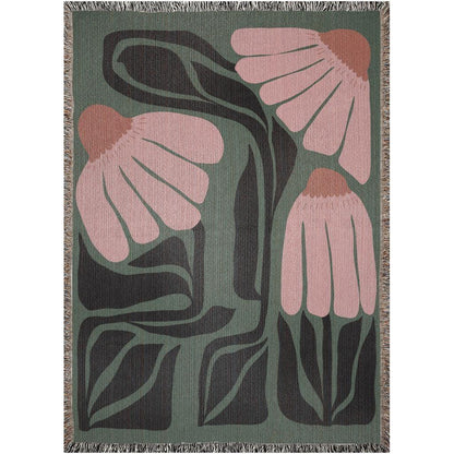 Green And Pink Matisse Flowers Woven Cotton Throw Blankets