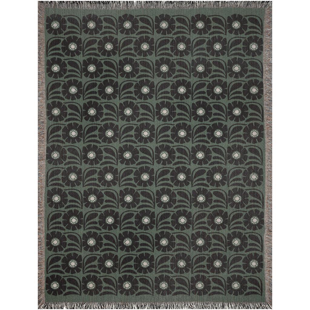 Green And Black Retro Flower Woven Cotton Throw Blankets