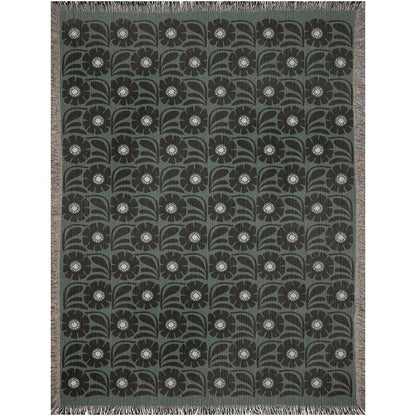 Green And Black Retro Flower Woven Cotton Throw Blankets