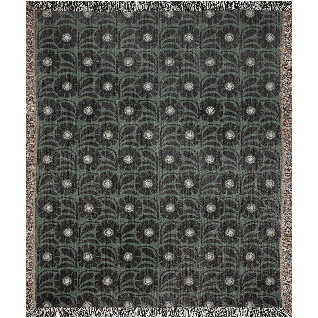 Green And Black Retro Flower Woven Cotton Throw Blankets