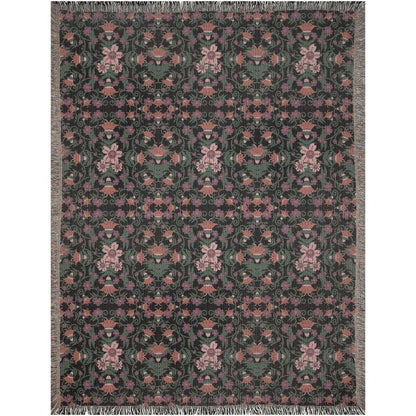 Green Black Pink Middle East Floral Pattern Woven Cotton Throw Blankets