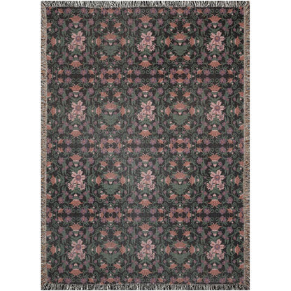 Green Black Pink Middle East Floral Pattern Woven Cotton Throw Blankets