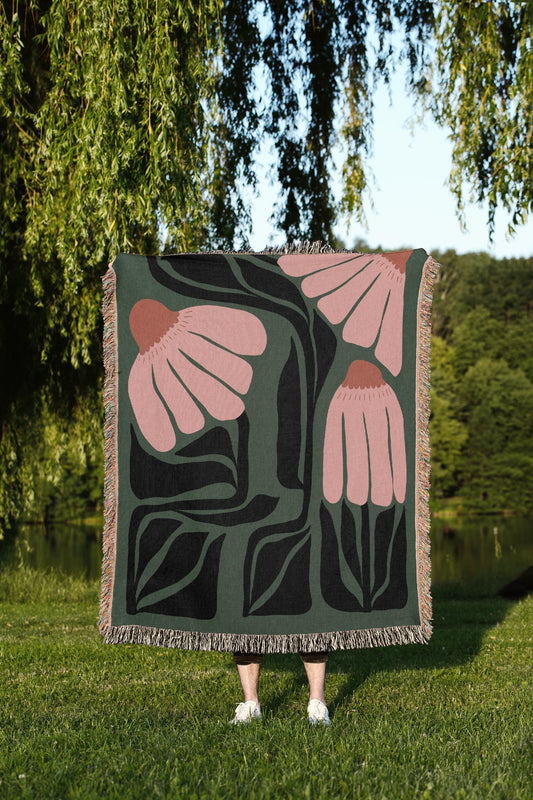 Green And Pink Matisse Flowers Woven Cotton Throw Blankets