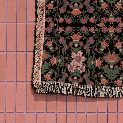 Green Black Pink Middle East Floral Pattern Woven Cotton Throw Blankets