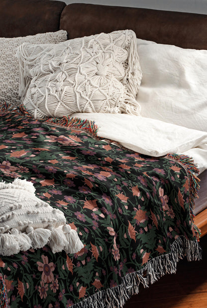 Green Black Pink Middle East Floral Pattern Woven Cotton Throw Blankets