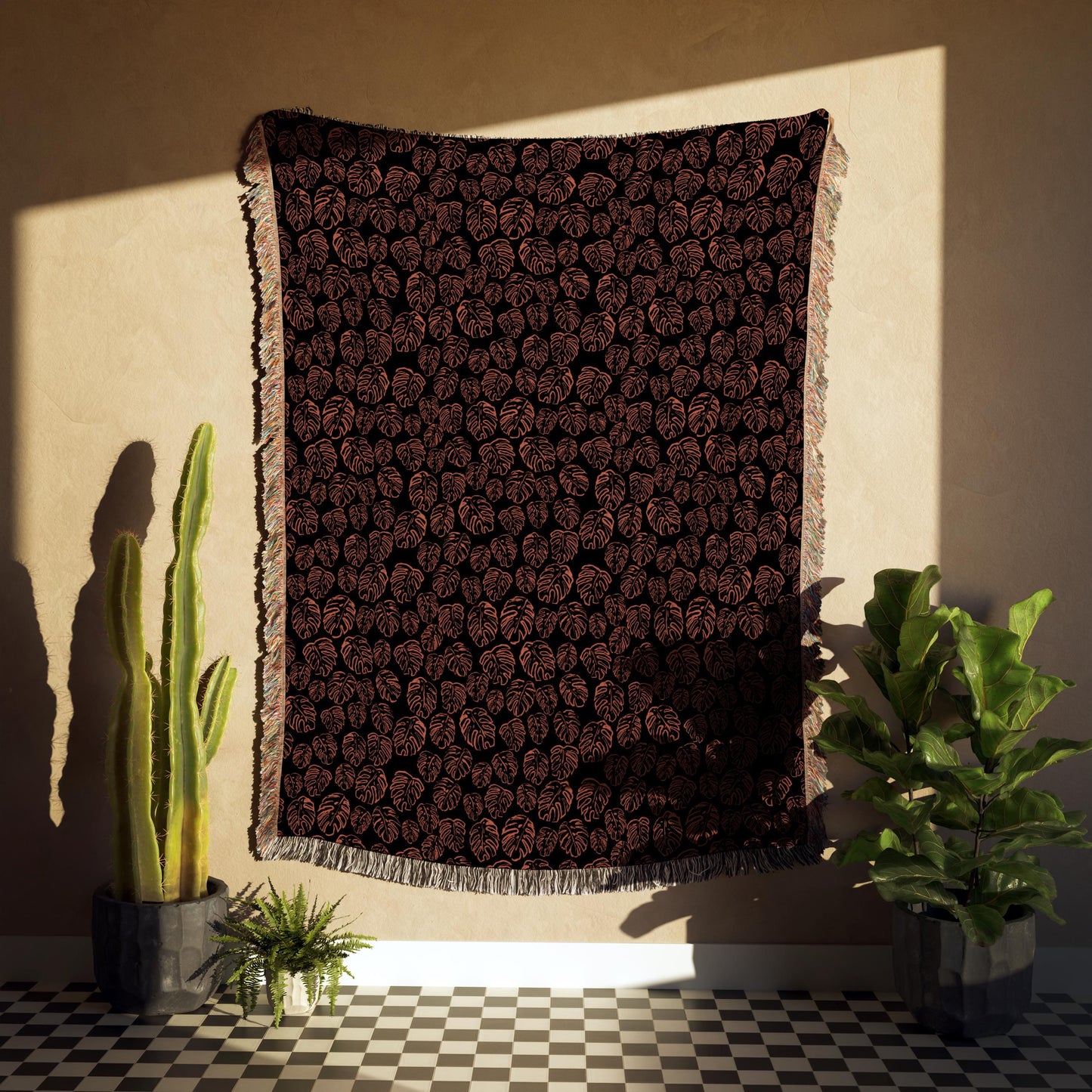 Woven Autumn Leaves Red And Black Woven Cotton Throw Blankets