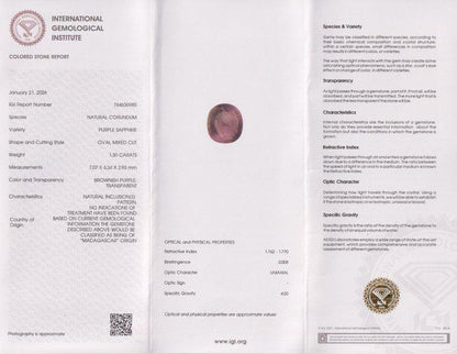 Moody Plum Unheated Sapphire - 1.30 ct - International Gemological Institute (IGI)