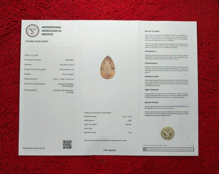 Natural Orange Topaz Gemstone | 19.22 Ct Pear Cut Champagne Cognac Loose Gem