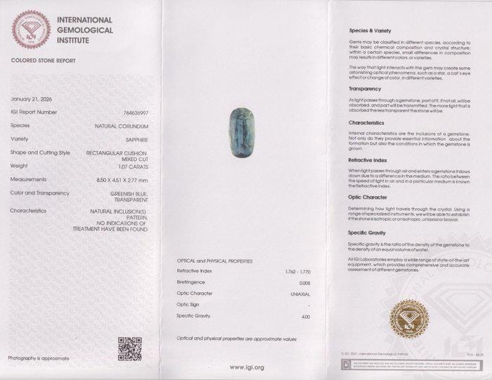Green, Blue Unheated Sapphire - 1.07 ct - International Gemological Institute (IGI)