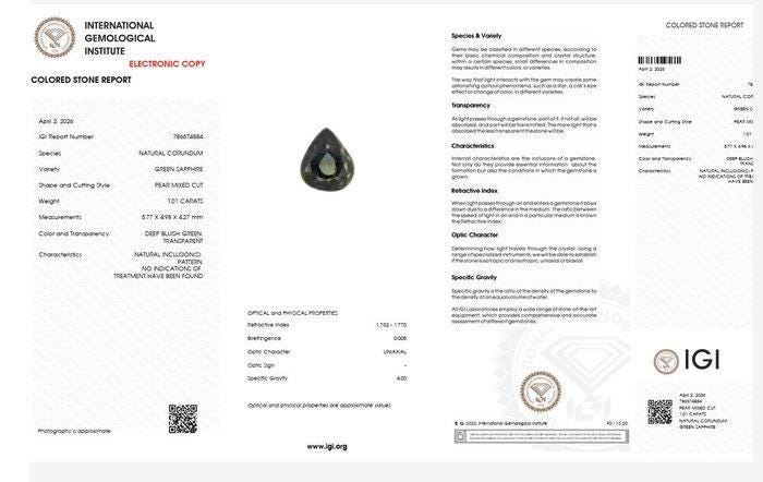 Natural Teal Green Sapphire Gemstone | Pear Cut 1.01 Ct Unheated Certified Loose Sapphire