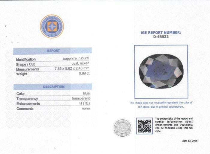 Natural Oval Blue Sapphire 0.99 Ct Certified Gemstone (IGE)