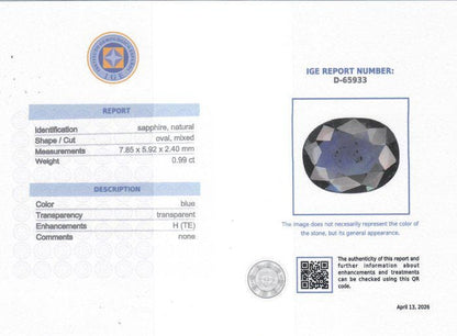Natural Oval Blue Sapphire 0.99 Ct Certified Gemstone (IGE)