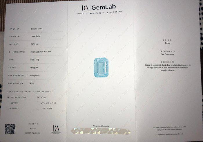 Natural Blue Topaz Gemstone | Emerald Cut 24.91 Ct Certified Loose Stone