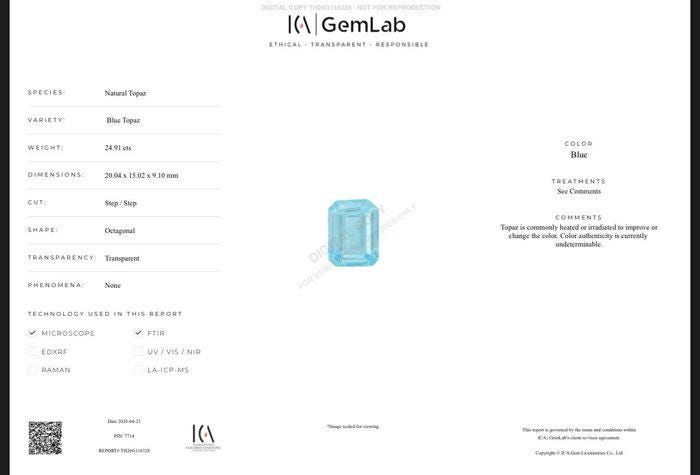 Natural Blue Topaz Gemstone | Emerald Cut 24.91 Ct Certified Loose Stone