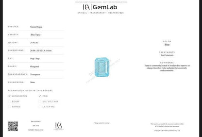 Natural Blue Topaz Gemstone | Emerald Cut 24.91 Ct Certified Loose Stone