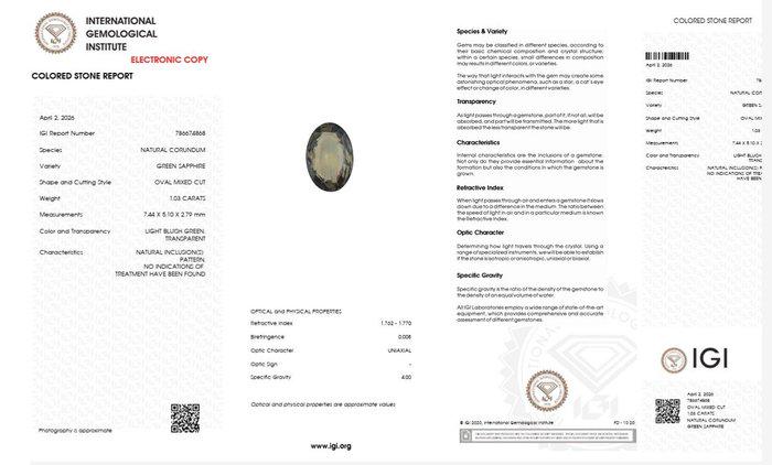 Natural Green Sapphire Oval Gemstone | Unheated Teal Corundum (1.03 Ct, IGI Certified)