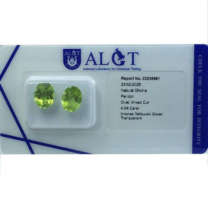 Matched Natural Peridot Pair 4.04 Ct Oval Gemstones (Certified)