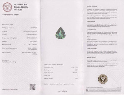 Natural Pear Cut Green Sapphire Gemstone | 0.90 Ct Teal Corundum (IGI Certified)