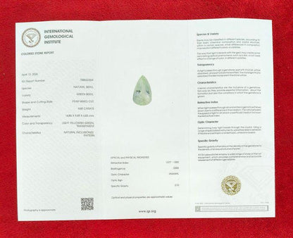 Natural Green Beryl Gemstone | 4.68 Ct Pear Cut Certified Light Yellowish Green