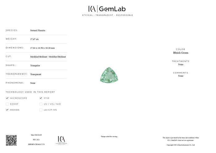 Large Natural Fluorite Gemstone | 17.67 Ct Trillion Cut Bluish Green Certified Fluorite