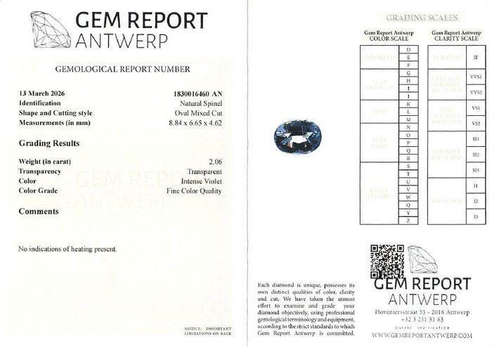 2.06 ct Natural Violet Spinel Gemstone | Oval Cut, Unheated, Certified Collector Gem