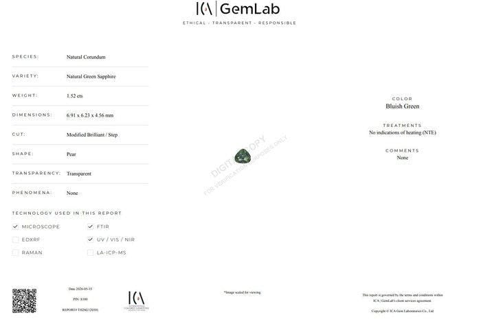 1.52 Ct Unheated Green Sapphire | Certified Natural Bluish Green Sapphire | Pear Cut Loose Gemstone | September Birthstone