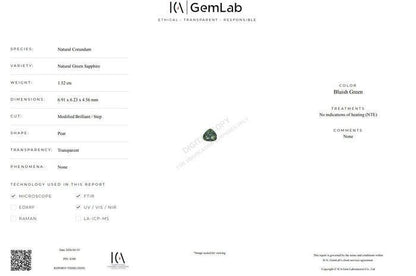 1.52 Ct Unheated Green Sapphire | Certified Natural Bluish Green Sapphire | Pear Cut Loose Gemstone | September Birthstone