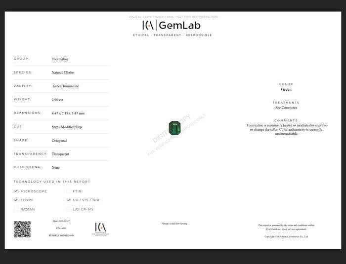 Natural Green Tourmaline Gemstone | 2.90 Ct Emerald Cut Certified Elbaite Loose Stone